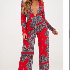 Red Scarf Print Longle Sleeve Plunge Jumpsuit